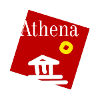 Il logo di Athena - Cooperativa Sociale. Si tratta di un quadrato rosso, obliquo, contenente: in alto, la scritta Athena e, in basso, lo schizzo di un tempio in bianco; inoltre, un sole rosso con uno spesso bordo giallo si trova tra la scritta e lo schizzo, sul lato destro del logo